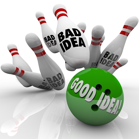 A 3D digital illustration depicting a successful bowling strike as a metaphor for decision-making. In the foreground, a glossy green bowling ball rolls forward, printed with the words