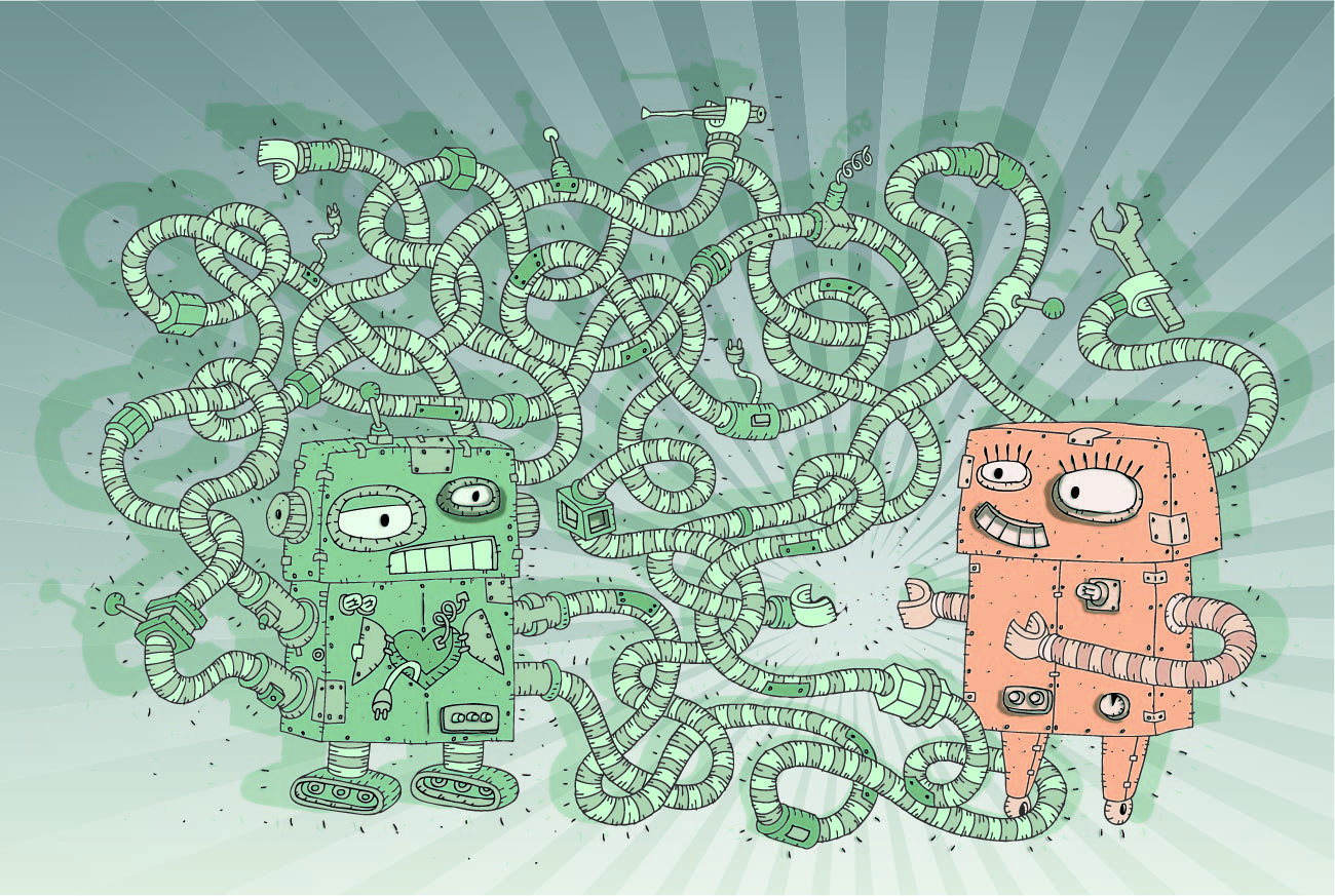 Two cartoon robots tangled together in a mess of twisting cables and plugs.