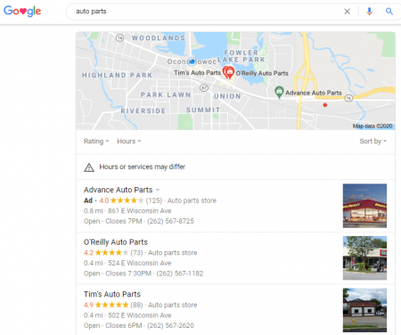 Google search results page showing nearby auto parts stores on a map with business listings below.