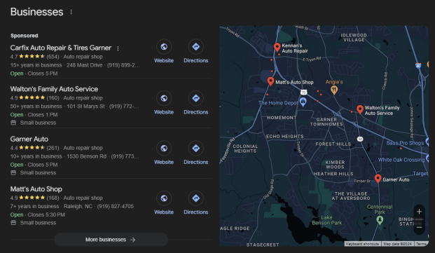 screenshot of Google Business Profile Map Pack for Auto Repair search results